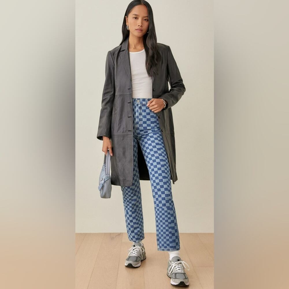 Reformation Women’s Cynthia Checkerboard High Rise Straight Jeans Button Fly 28